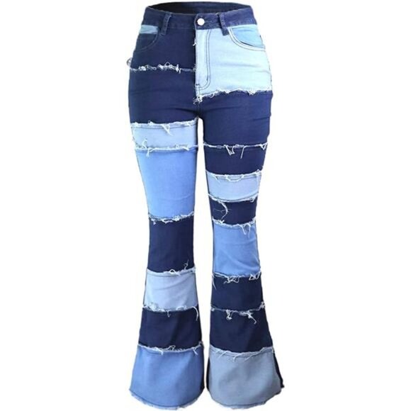 Women's Slim High Waisted Patched Hippie Wide Leg Denim Flared Bell Denim Pants - Picture 1 of 6